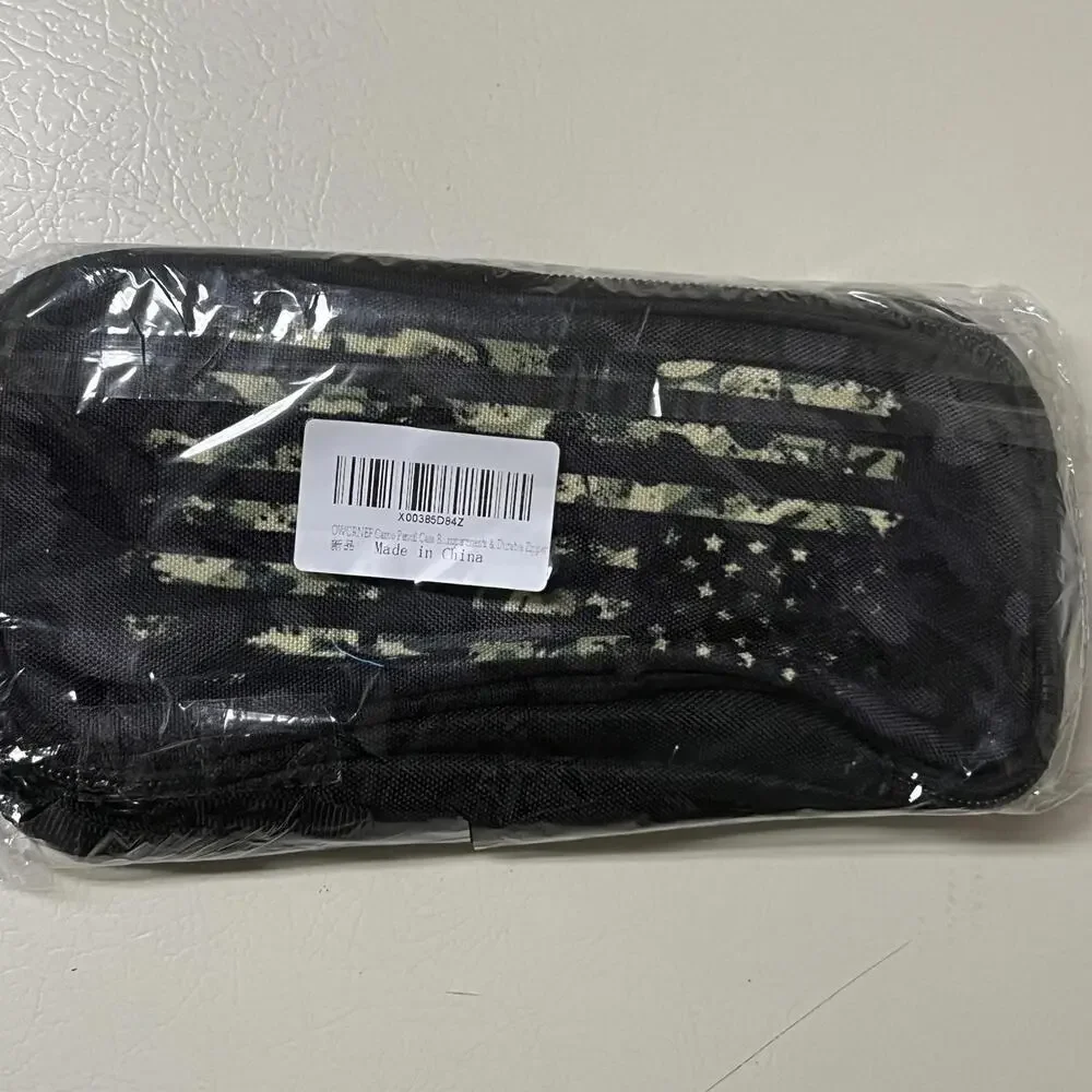 Black Camouflage American Flag Pencil Case Organizer with Multiple Compartments